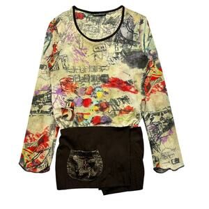 Vintage Double Jeu Euro Mesh Wrap Top Made in France Women's Small Y2K Grunge